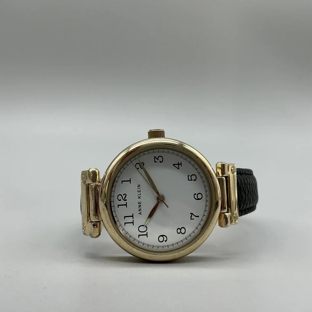 Anne Klein AK/2508 Womens Watch 36mm Gold Tone Black Leather Strap New Battery